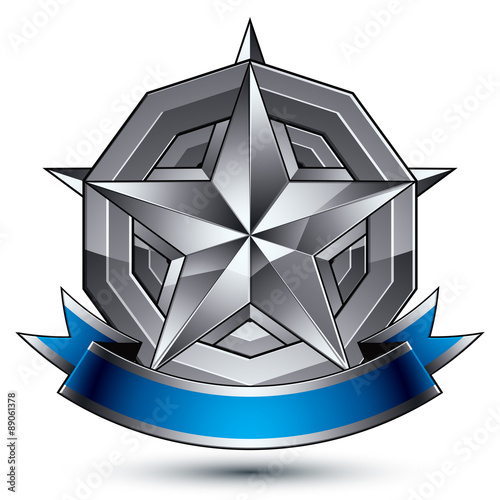 Sophisticated vector emblem with silver glossy star and blue wav