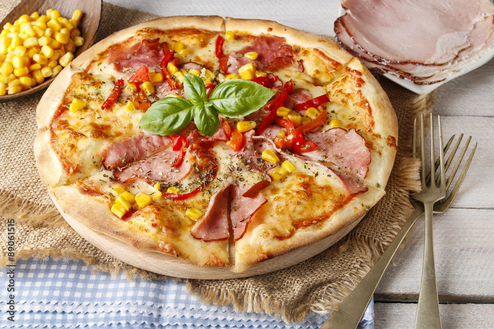 Pizza with ham, corn and pepper Pizza with ham, corn and pepper