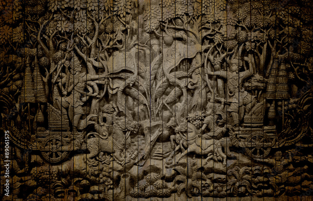 old, picture wood Ramayana  panels used as background