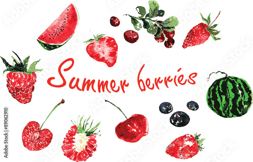 Fototapeta Naklejka Na Ścianę i Meble -  set of summer berries painted in watercolor