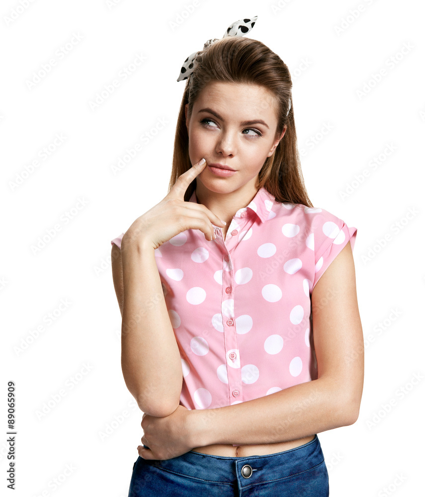 Hesitant girl thinking and looking towards Hesitant girl thinking and looking towards