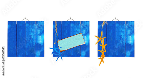 Blue beach theme wood plank backgrounds with starfish and metal plate for copy space isolated on white. photo