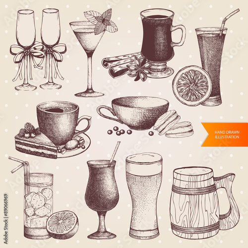 Vector set of different vintage drinks for menu design. Hand drawn dessert and drinks illustrations isolated on white.