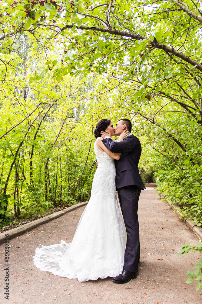 Bride and Groom at wedding Day walking Outdoors on autumn nature Bride and Groom at wedding Day walking Outdoors on autumn nature