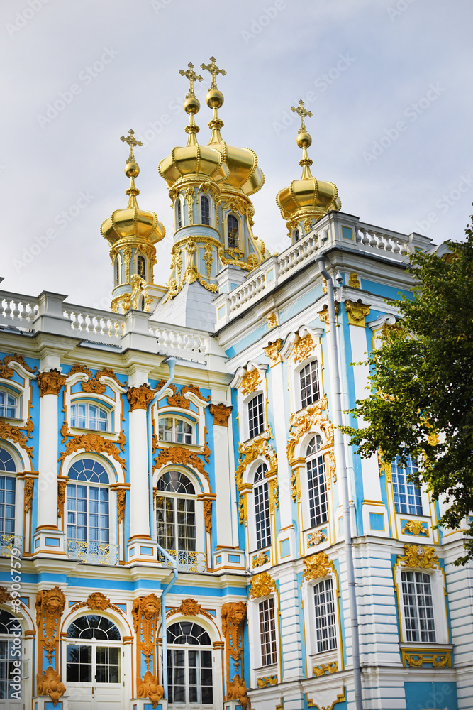 Golden cupolas of Catherine Palace church on the sky background