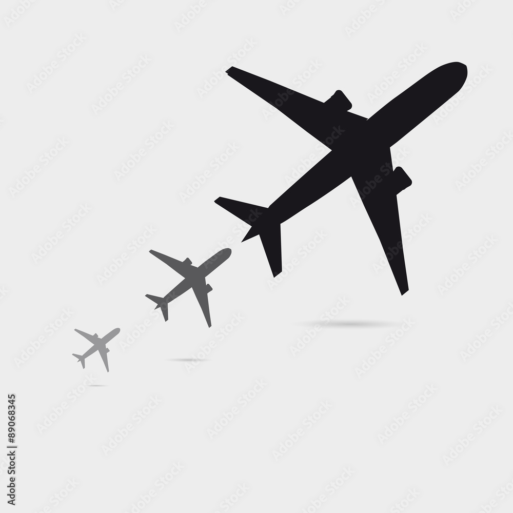 Three Growing Airplane Silhouette With Little Shadow, Can Be Used As A Poster Three Growing Airplane Silhouette With Little Shadow, Can Be Used As A Poster