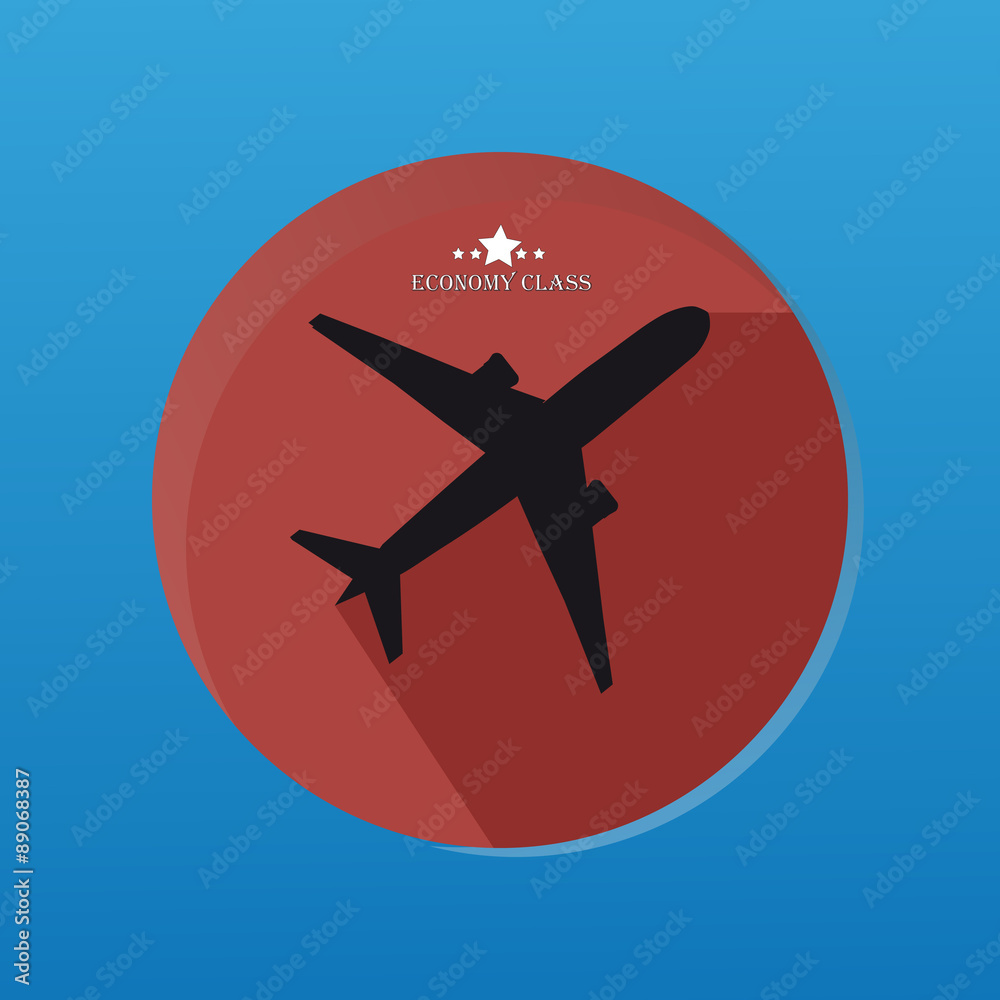 Airplane Silhouette Sticker With Flat Button And With Long Shadow Economy Class