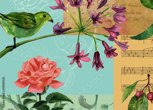 Vintage collage with green bird  red rose  scraps of paper and sheet music