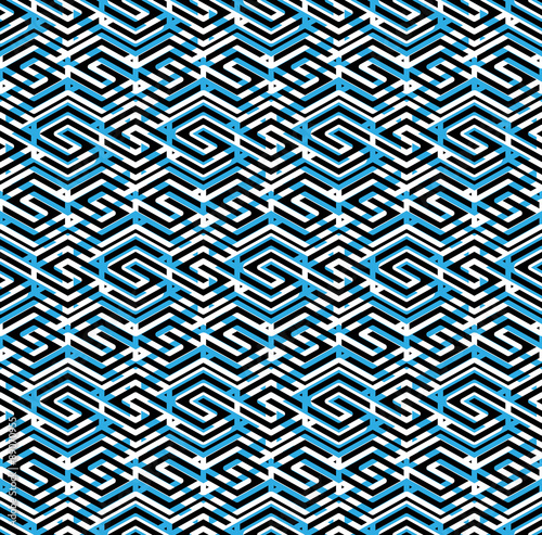 Blue abstract seamless pattern with interweave lines. Vector ove