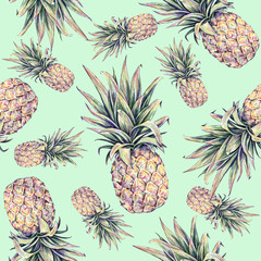 Keuken achterwand Ananas patronen Aquarel ananassen op lichtgroene achtergrond  © MargaritaSh