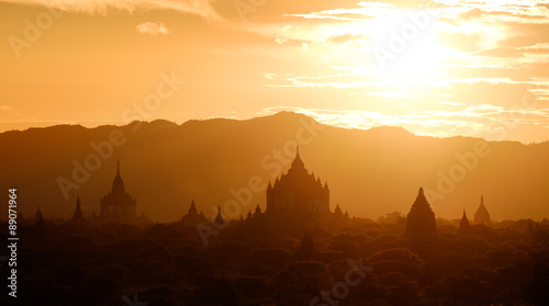 Panoramic landscape view of golden sunset in Bagan  Myanmar