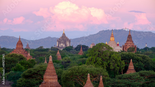 Landscape view of sunrise with ancient temples, Bagan, Myanmar