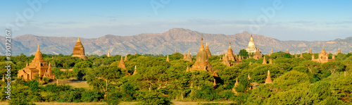 Panoramic landscape view of sunrise with ancient temples at Baga