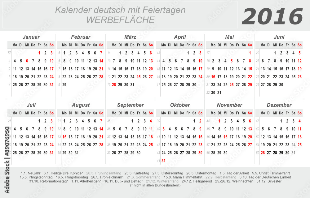 Obraz Kalendarz 2016 - szary - krzyż - niemiecki - ze świętami