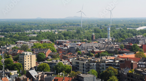 View over Hasselt with closed coal mines in the background, Limburg, Belgium, Europe
