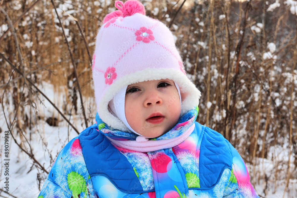 Small child against winter snow landscape Small child against winter snow landscape