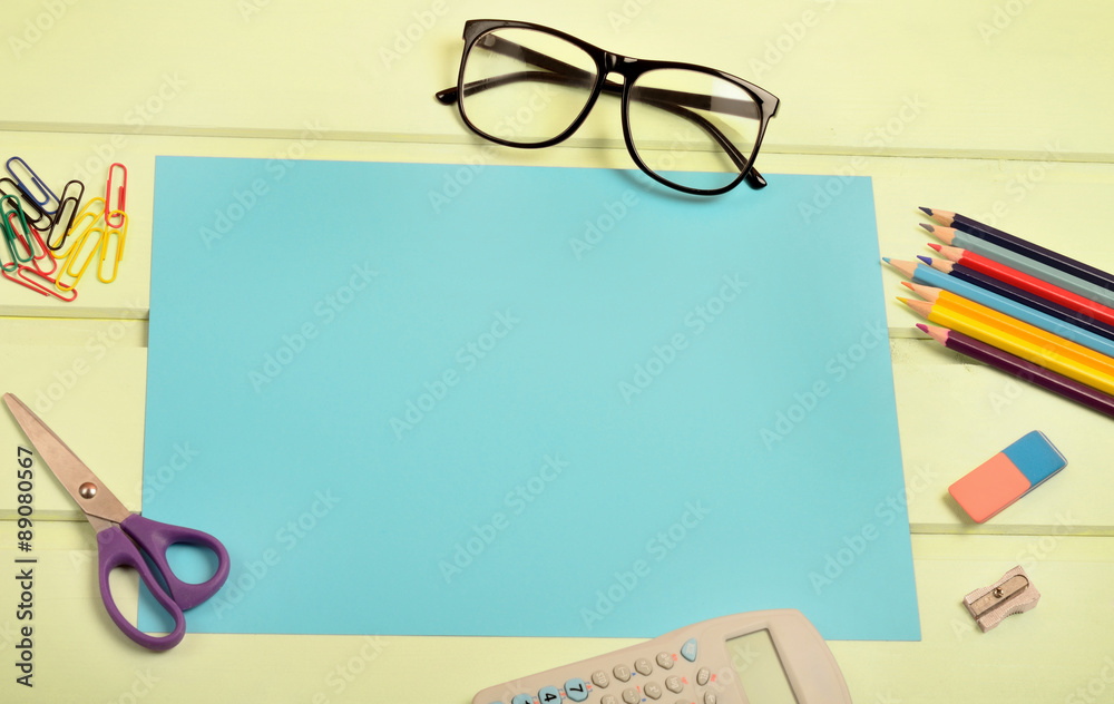 Blue paper with office supply Blue paper with office supply