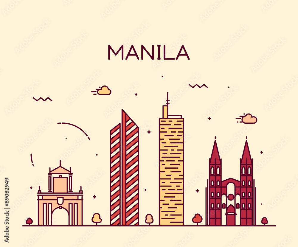 Manila skyline trendy vector illustration linear