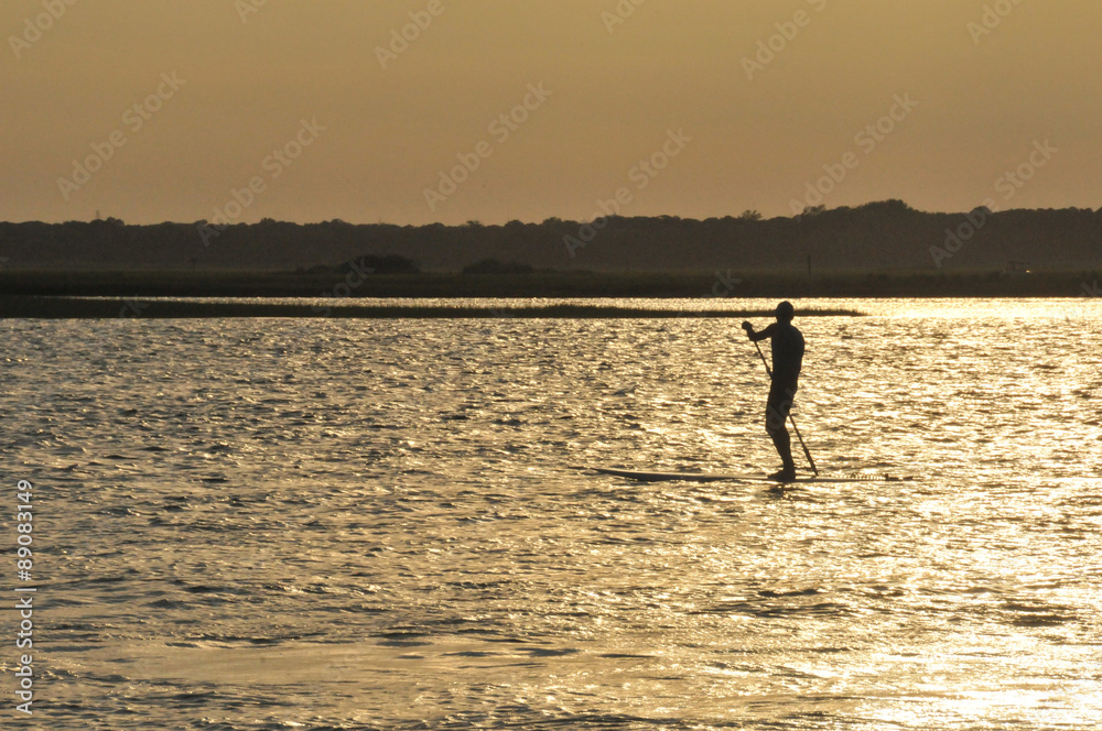 Silhouette of stand up paddler (horizontal)