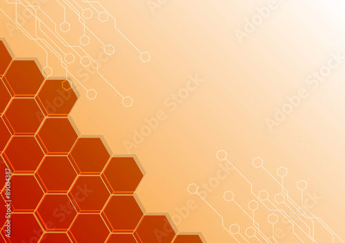abstract Hexagon with circuit Design on orange color Background