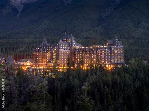 Night in Banff National Park with the Banff Springs Hotel in the distance.  photo