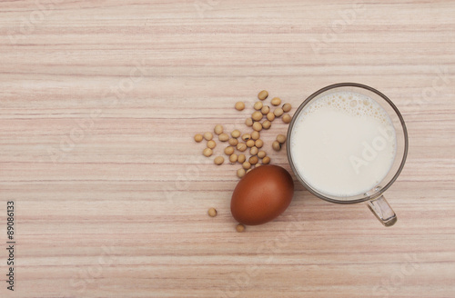 top view of egg,soy beans and soy milk