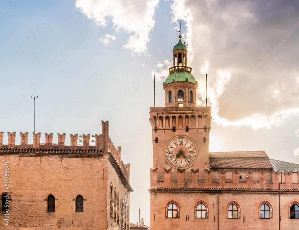 Clock tower of the town hall in Bologna in Italy