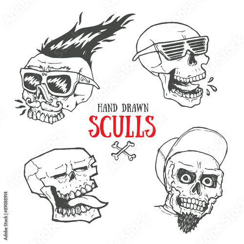 Hand drawn funky style sculls set. Jolly Roger scull vintage t
