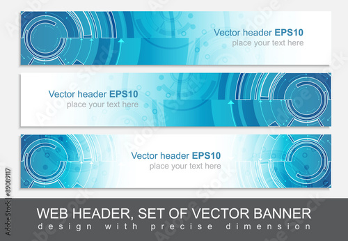 Set of three horizontal website header or banner templates with technological pattern