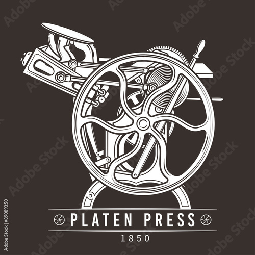 Platen press vector illustration. Old letterpress logo design photo