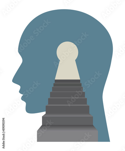 Psychology concept with face profile and stairs.