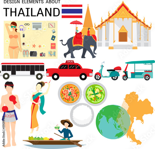 Flat elements for designs about Thailand including the word THAI BOXING in Thai on boxing shorts.