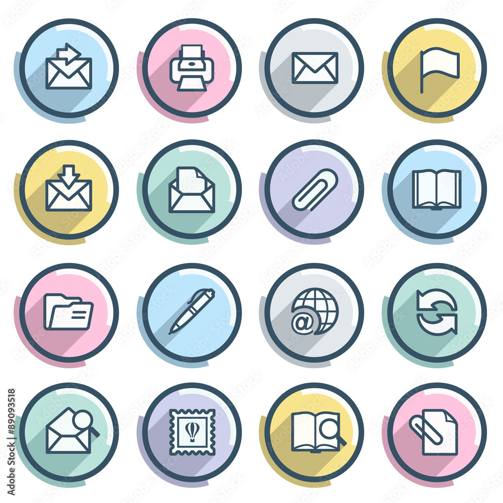 Email contour icons on color buttons. Flat design. Email contour icons on color buttons. Flat design.