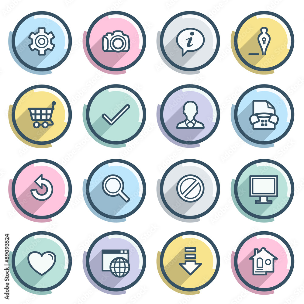 Basic contour icons on color buttons. Flat design. Basic contour icons on color buttons. Flat design.