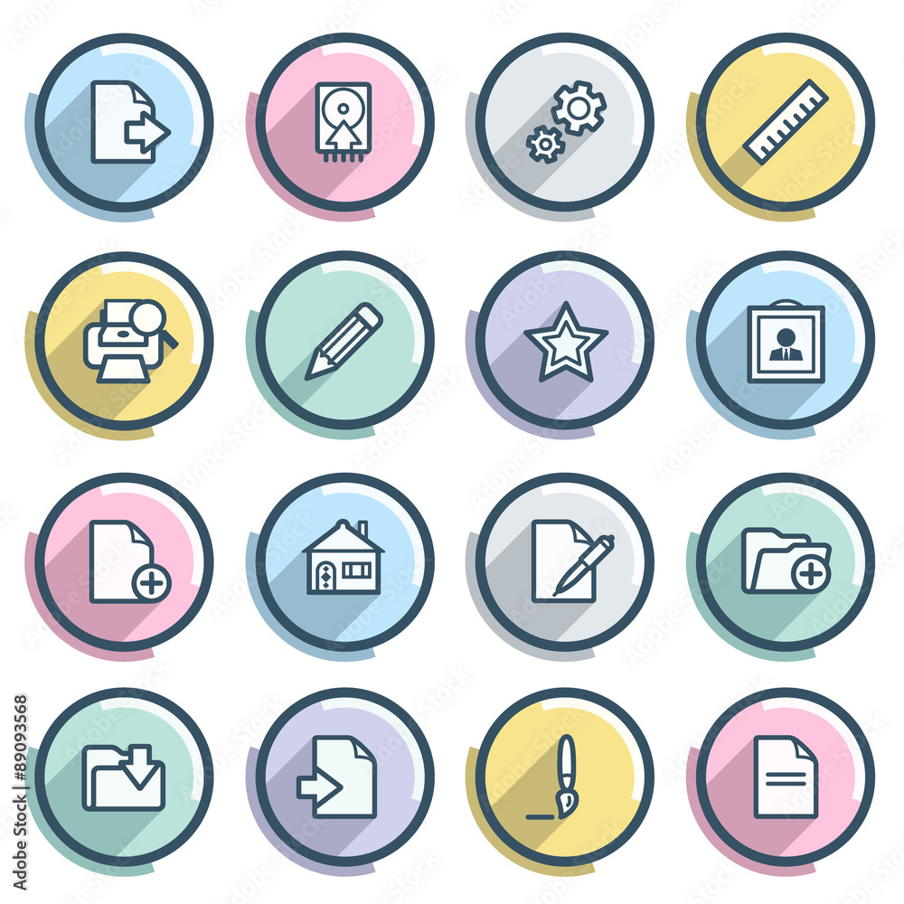 Document contour icons on color buttons. Flat design. Document contour icons on color buttons. Flat design.