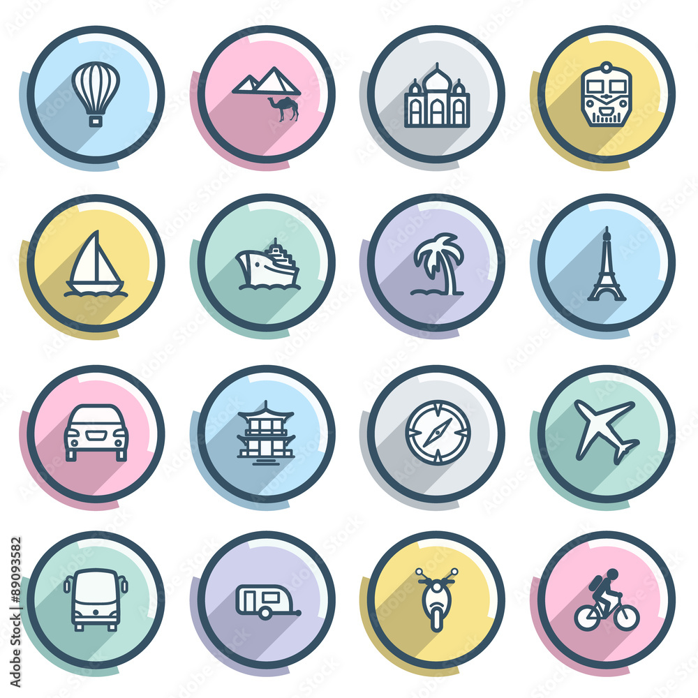 Travel contour icons on color buttons. Flat design.