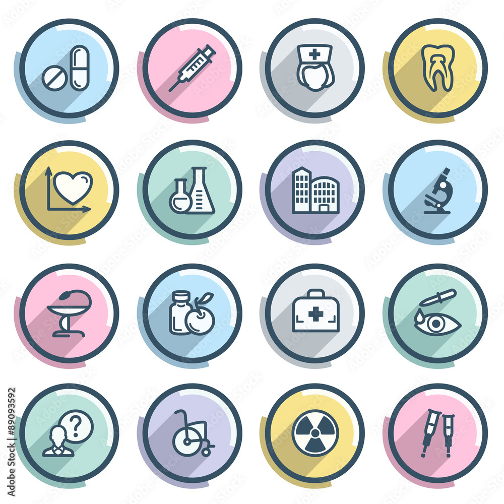 Medicine contour icons on color buttons. Flat design. Medicine contour icons on color buttons. Flat design.
