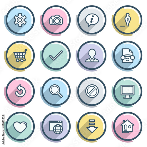 Basic contour icons on color buttons. Flat design.