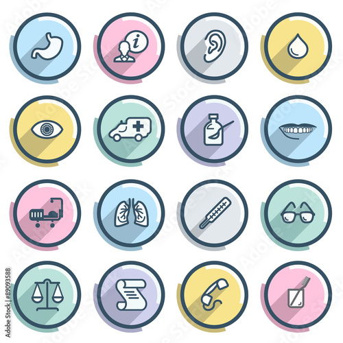 Medicine contour icons on color buttons. Flat design.