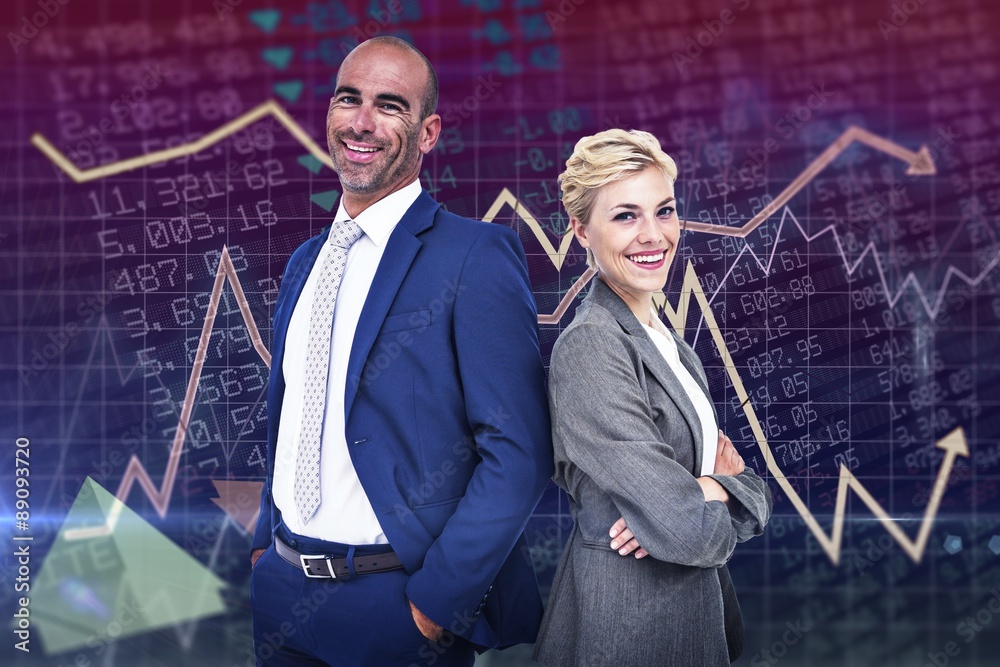 Composite image of smiling business people back-to-back Composite image of smiling business people back-to-back