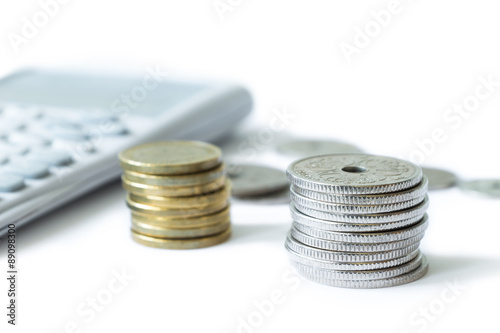 Stack of money with calculator isolated on white background