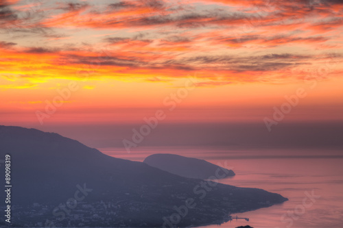 View of the mountain of Ayu-Dag at sunrise from mountain top Ai Petri in the Crimea