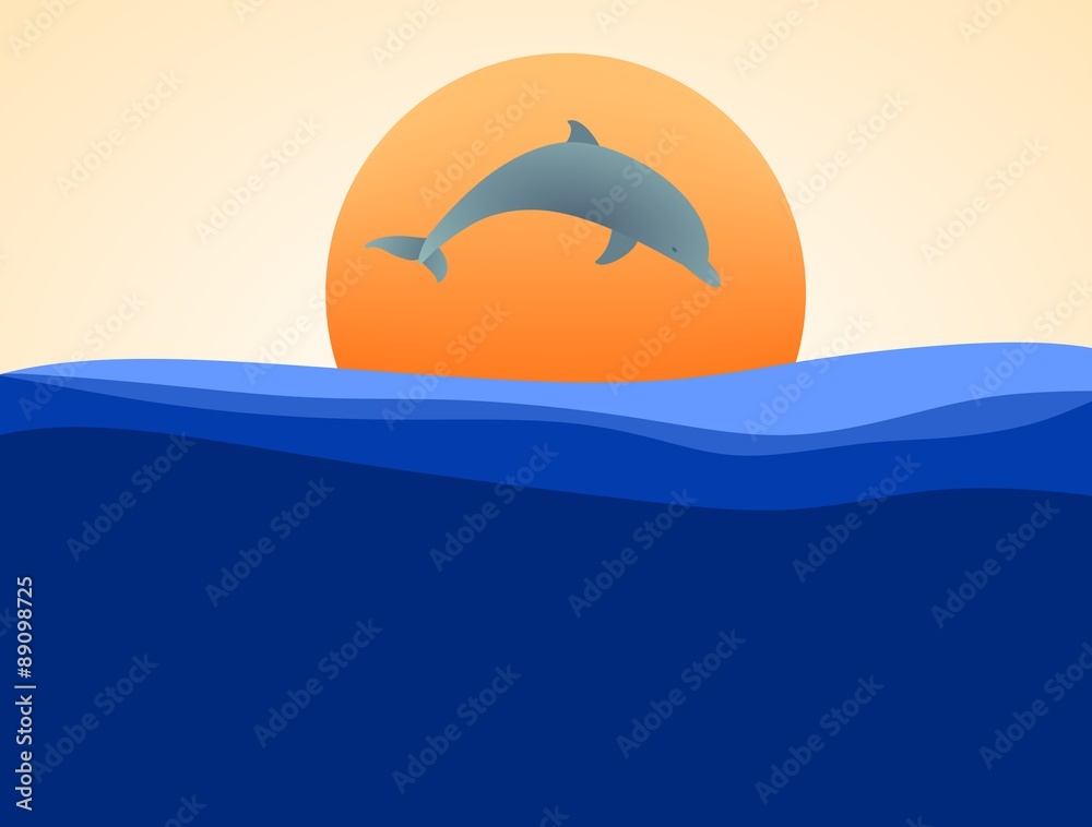 Fototapeta premium Sunset with the jumping dolphin above sea level