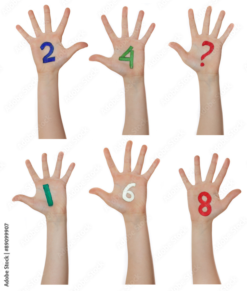 Numbers painted on children hands. Rises up hands. Numbers painted on children hands. Rises up hands.