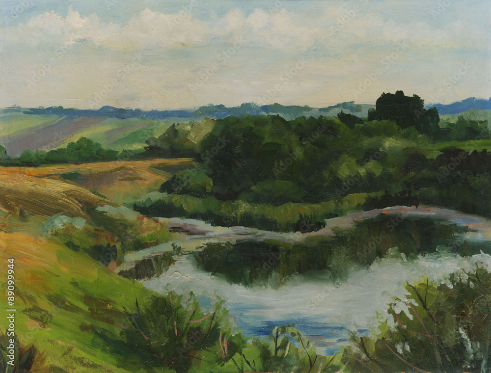 Obraz premium Summer landscape with lake. Oil painting