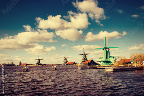 Traditional Dutch windmills from the channel Rotterdam. Holland.