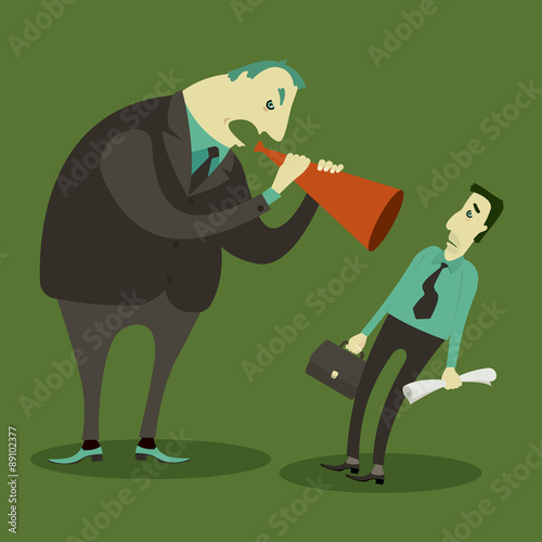 Boss yelling through megaphone at his frustrated employee, Vector Illustration.