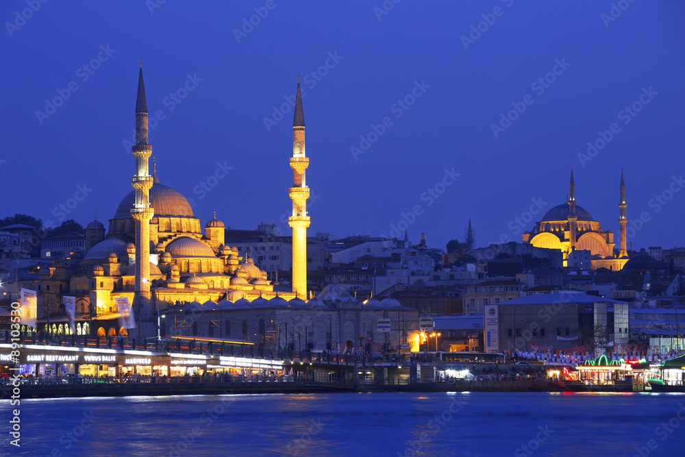 The historical center of Istanbul in the night. View from the Golden Horn