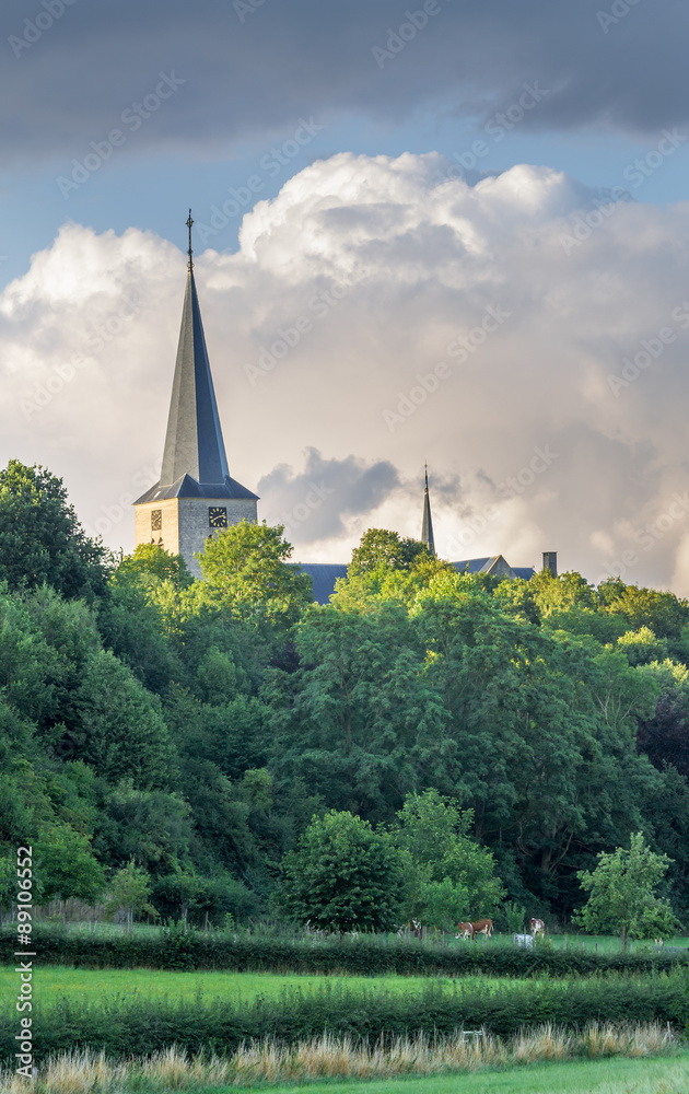 Churchtower above woods. Netherlands, Zuid Limburg
