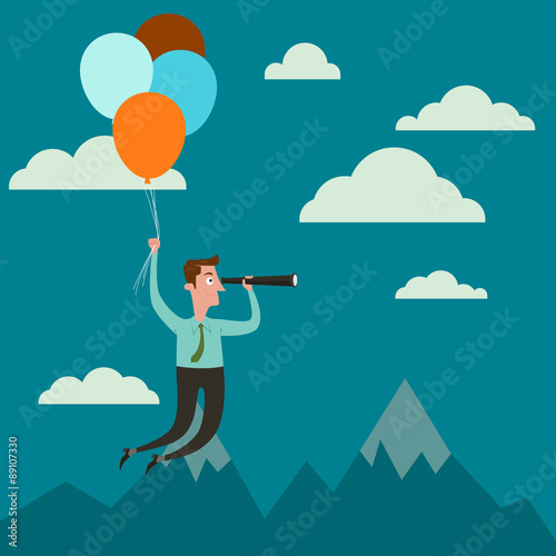 Businessman with air balloons up high looking with telescope.